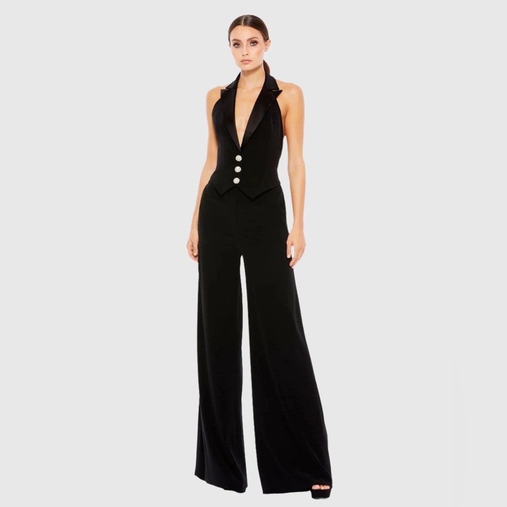 Ieena For Mac Duggal 2643 Nwt Black Tuxedo Halter Jumpsuit